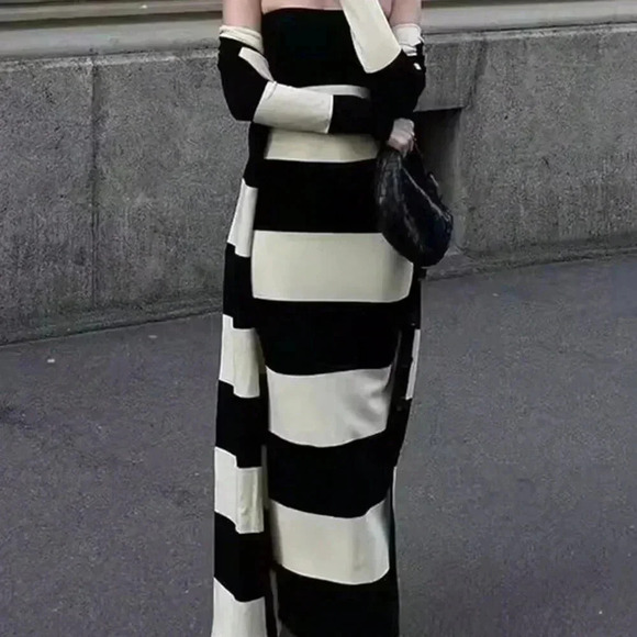 Black And White Elegant Women's Knit Mix British Style Black & White Striped Lon - Picture 3 of 3